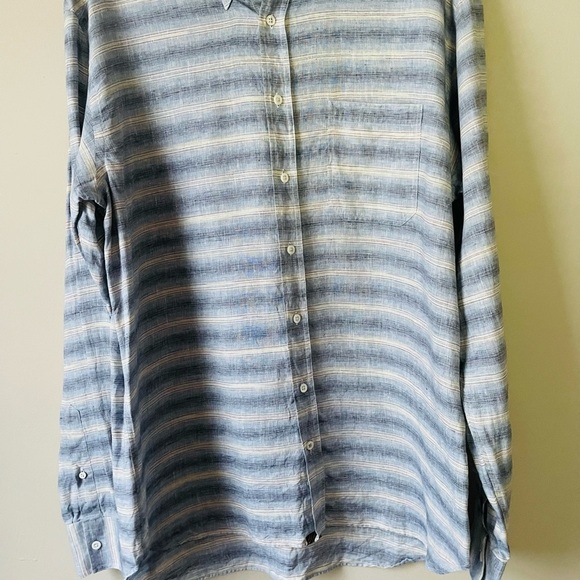 Billy Reid Blue Striped Linen Blend Long Sleeve Button Up Shirt - Picture 7 of 12